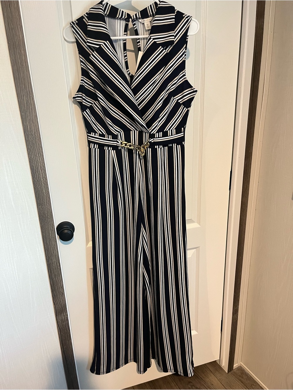 Cato Navy and White Striped Sleeveless Jumpsuit with Belt